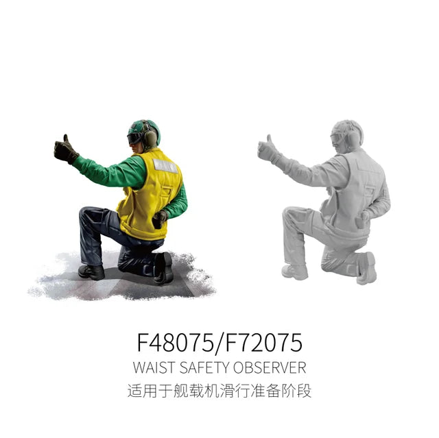 Yellow green safety observer kneeling flight deck crew figure with helmet vest gloves