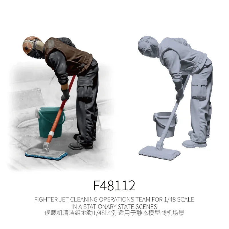1/48 flight deck cleaning crew figure in brown uniform with orange helmet and gray resin model