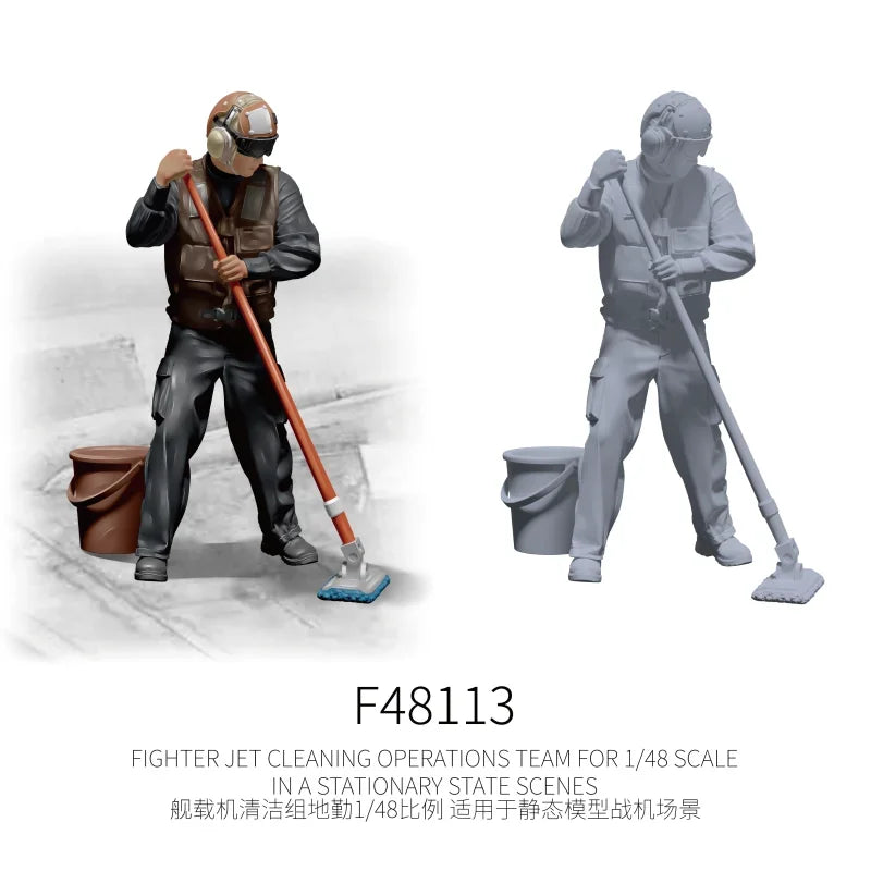 1/48 scale flight deck cleaning crew figure in black uniform with helmet holding mop