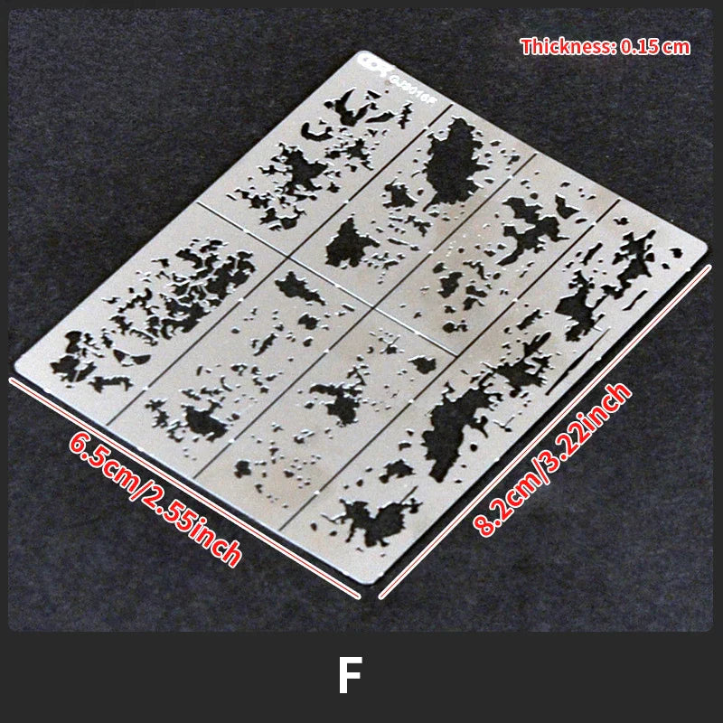 Silver streaking stencil with ink splatter and grid for scale modeling