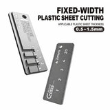 Gray metallic fixed-width plastic sheet strip cutter with measurement markings and attachment hole for model building tools