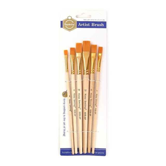 6pcs synthetic brushes set with wood handles, gold ferrules, orange bristles