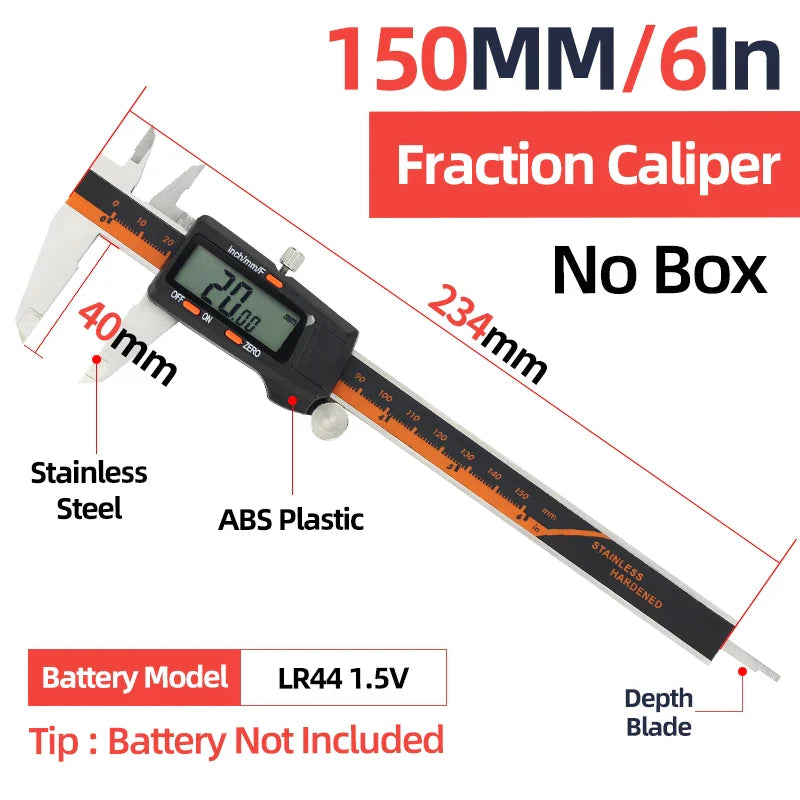 Digital vernier caliper with 150mm stainless steel jaws black and orange abs plastic frame for scale modeling
