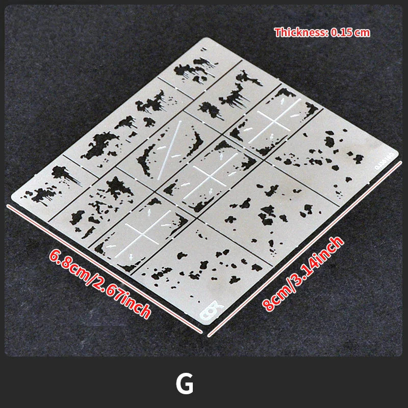Silver streaking stencil with ink splatter for scale modeling tools