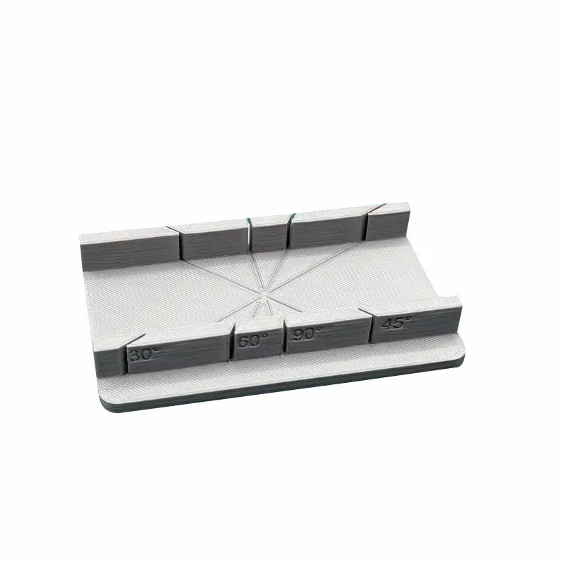 3D-printed cutting jig with gray plastic miter saw guide and 30 45 60 90 degree angles