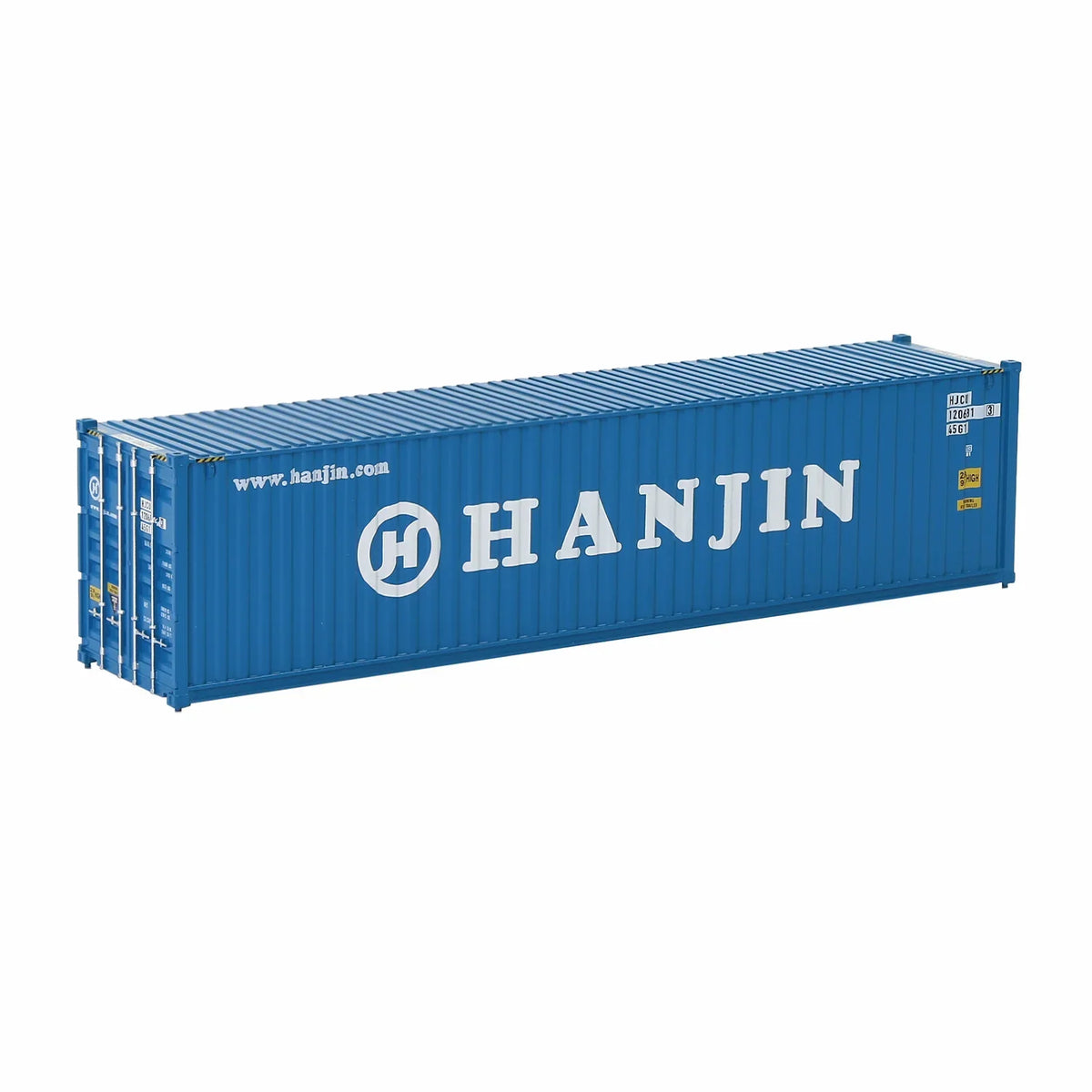 HO scale train model of blue Hanjin shipping container