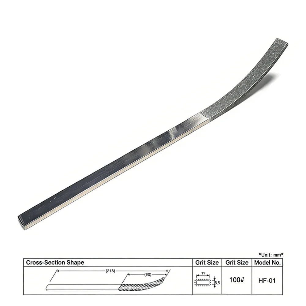 Silver-colored metal diamond abrasive file with curved tapered shape and textured surface for scale modeling tools