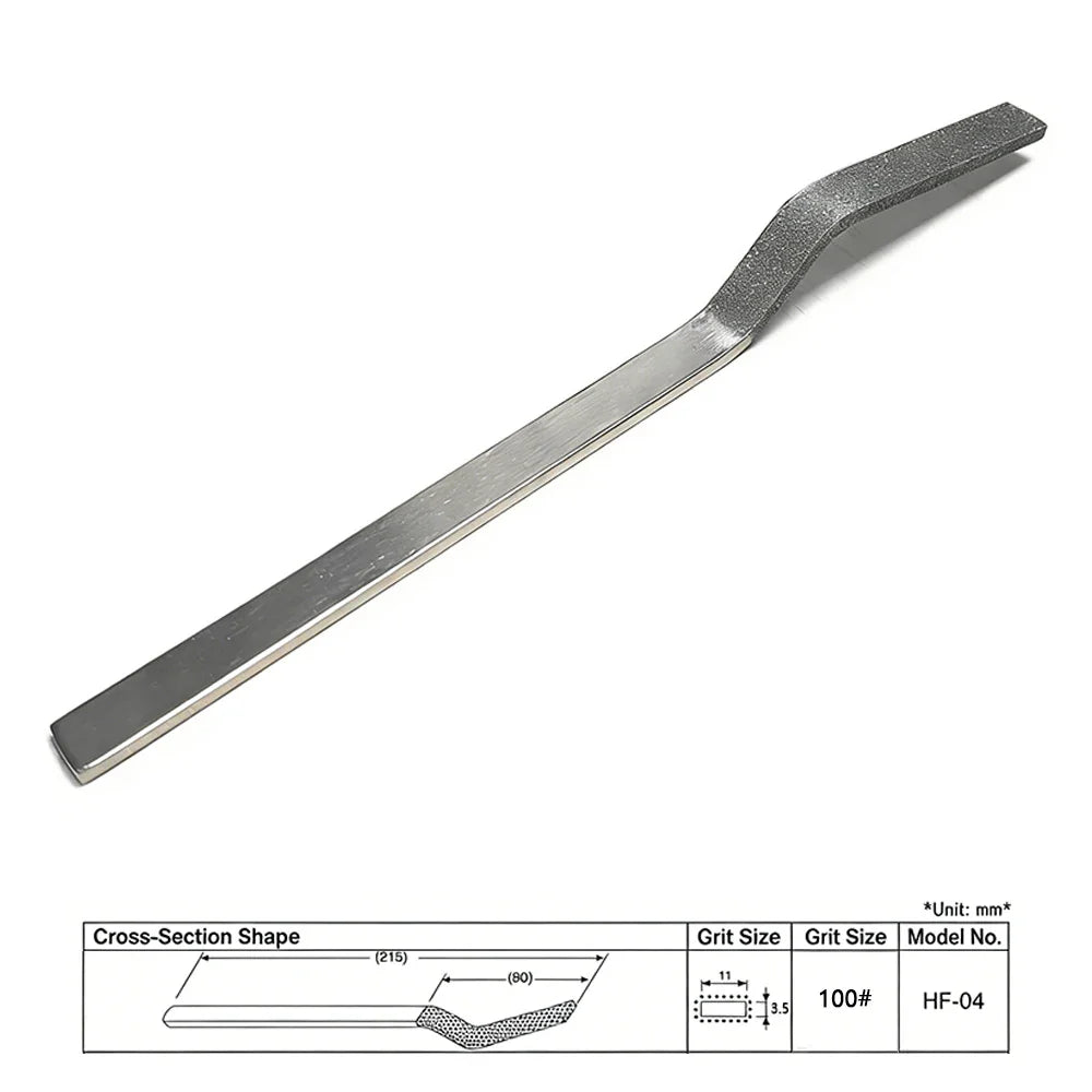 Silver metal file with diamond abrasive textured curved end and smooth handle for scale modeling tools and model building tools