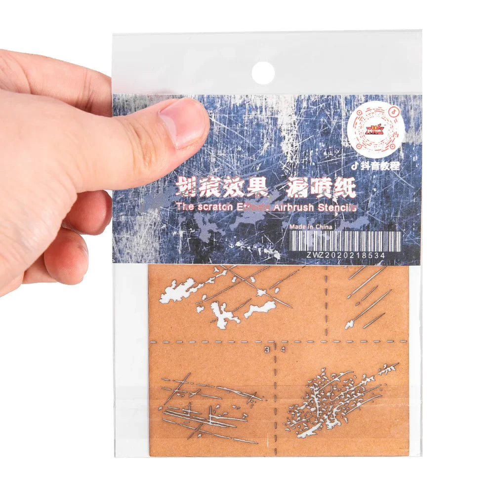 Scratch effect airbrush stencil for weathering effects in scale modeling tools