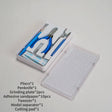 7pcs basic model building tool set featuring white and blue plastic-handled pliers with metallic jaws in acrylic case