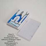 7pcs basic model building tool set featuring white and blue plastic-handled pliers with metallic jaws in acrylic case