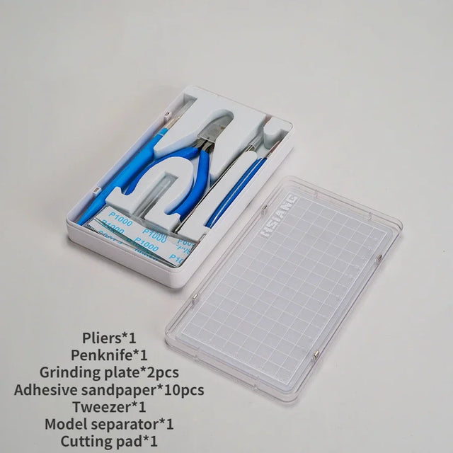 7pcs basic model building tool set featuring white and blue plastic-handled pliers with metallic jaws in acrylic case