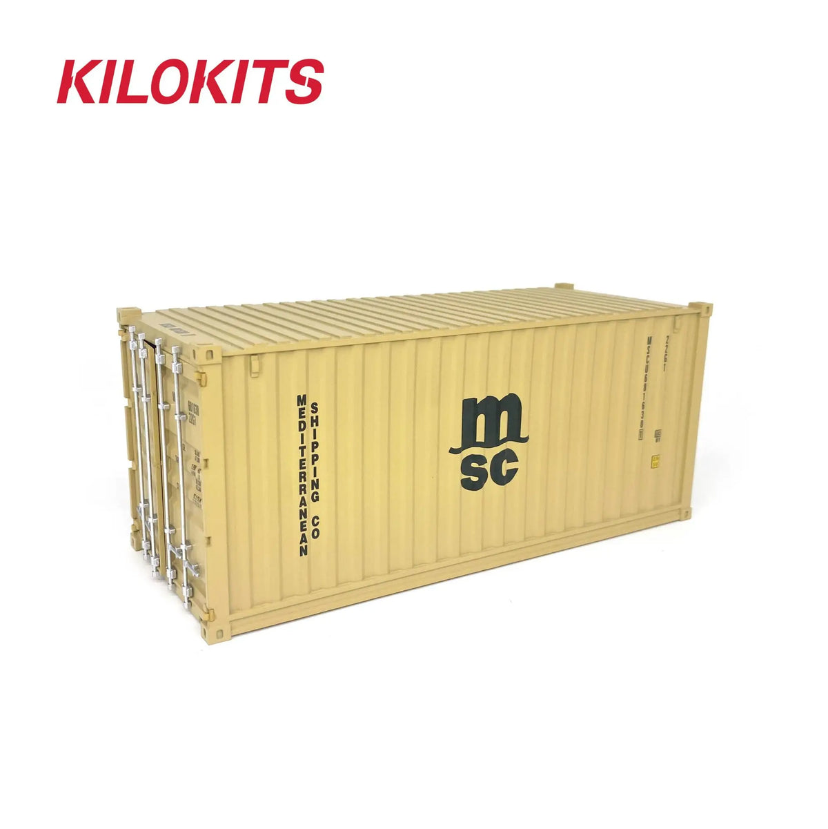 Beige 1/35 scale model shipping container kit with black msc logo for precision hobby tools and model building tools