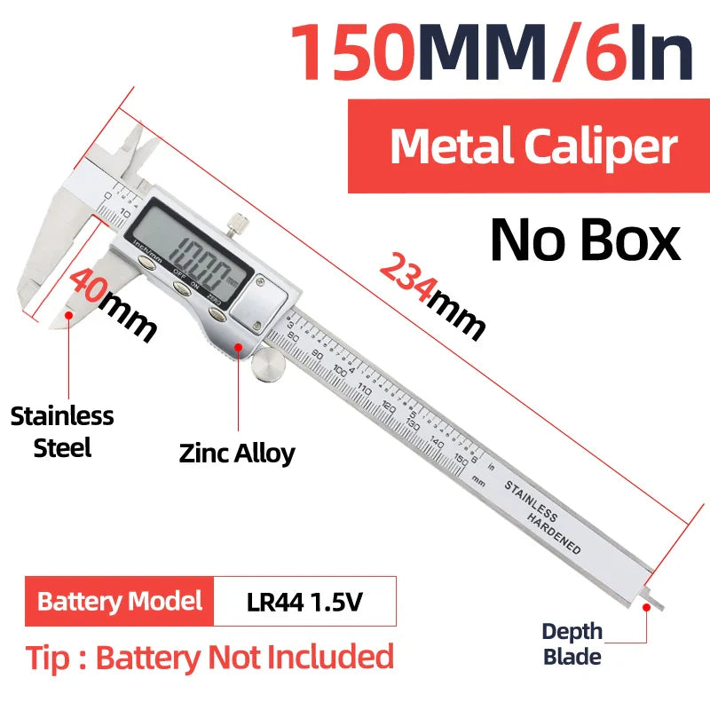 Digital vernier caliper with stainless steel body, zinc alloy parts, lcd display for precise 150mm scale modeling measurements