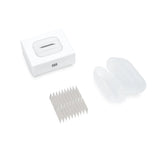White rectangular case with transparent lid containing silver replacement blades for GeeHobby precision model pen knife