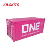 Vibrant pink 1/35 20ft shipping container model kit with one ocean network express branding for precision hobby tools