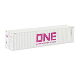 HO scale train model white shipping container with One Ocean Network Express pink branding