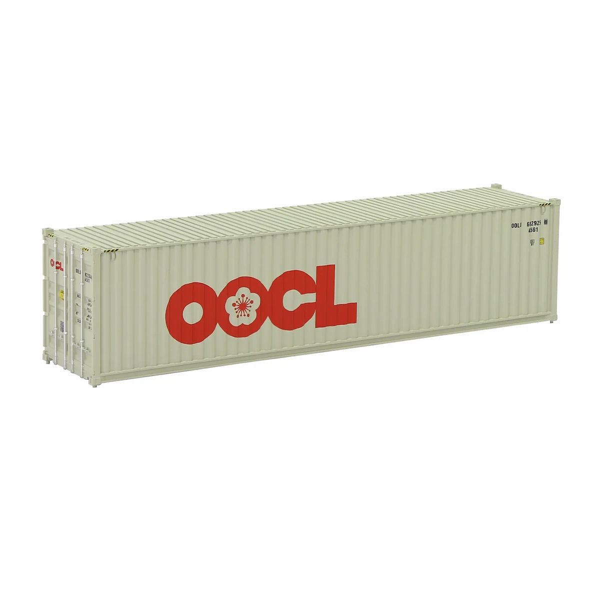 HO scale train model: cream-colored OCL shipping container with red logo
