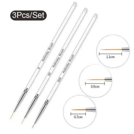 Set of 3 transparent extra-long fine brushes with silver ferrules