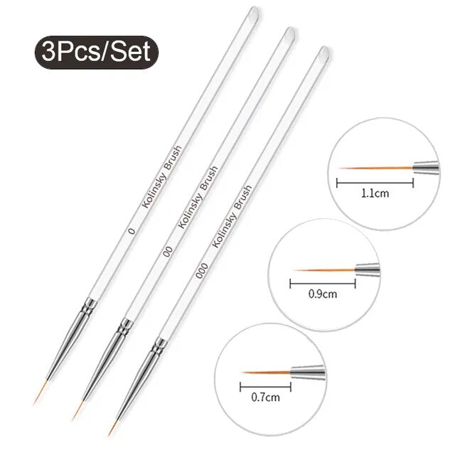 Set of 3 transparent extra-long fine brushes with silver ferrules