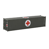 HO scale train model dark gray shipping container with red cross emblem