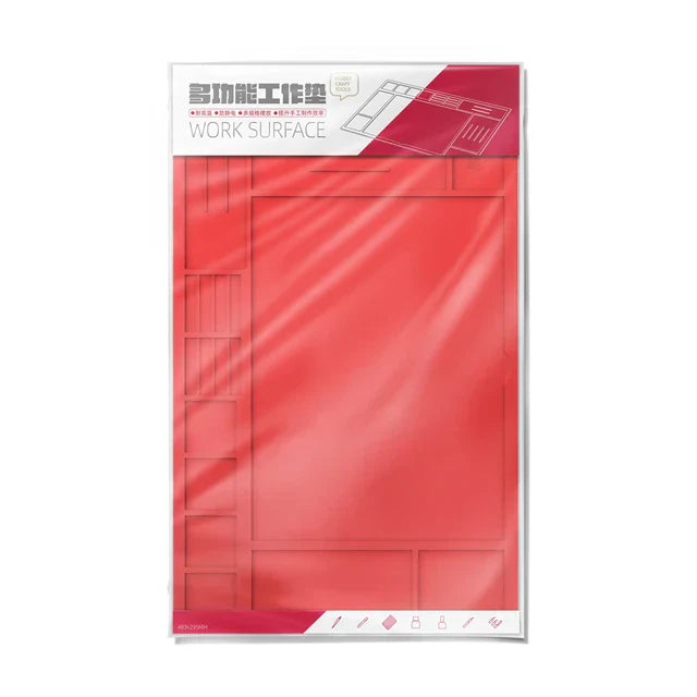 Red durable silicone work pad with transparent grid organizer in Chinese and English
