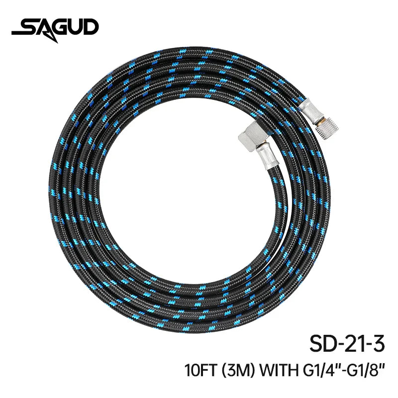 Black and blue nylon braided sagud sd-21-3 airbrush hose with silver fittings for steady airflow in scale modeling tools