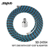 Blue and black checkered sagud nylon braided airbrush hose with silver fittings for steady airflow in scale modeling tools