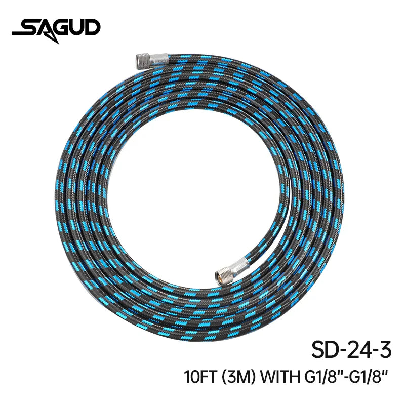 Sagud nylon braided airbrush hose 10 feet long with black and blue checkered exterior for steady airflow in scale modeling tools