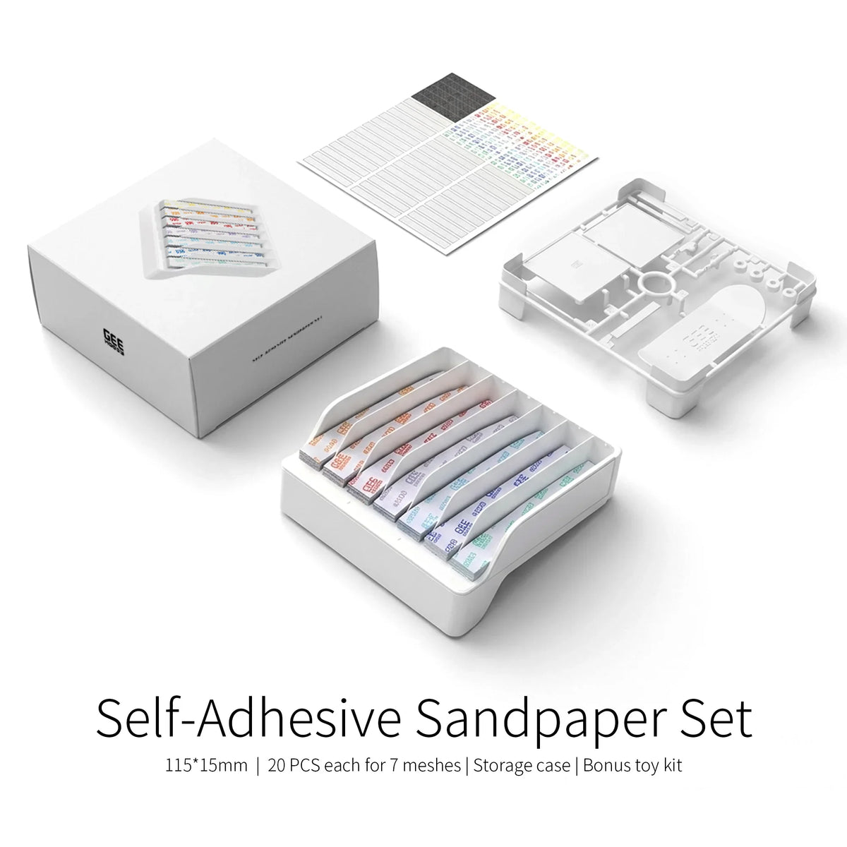 White plastic storage case holding seven self-adhesive sandpaper strips with different grits for gee hobby sanding sticks