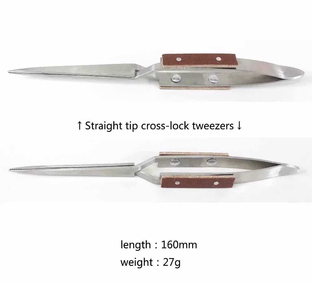 Silver straight-tip reverse tweezers with brown leather handles, 160mm