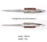 Silver straight-tip reverse tweezers with brown leather handles, 160mm