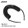 Black coiled air line spring-coil hose by Sagud model sd-22-3 with metallic threaded connectors for airbrush use