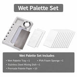 White plastic wet palette tray with stainless steel mixing dish and dispersing paper for Mo Shi Tools model painting