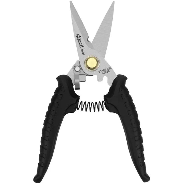 Black-handled stedi heavy-duty multipurpose hobby shears with stainless steel blades and gold pivot for precision hobby tools