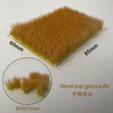 12mm static grass tufts: hand-torn golden-brown tops, green bases, 60x85mm