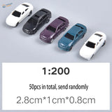 Five 1:200 scale toy cars in white, black, purple, teal for railway modeling