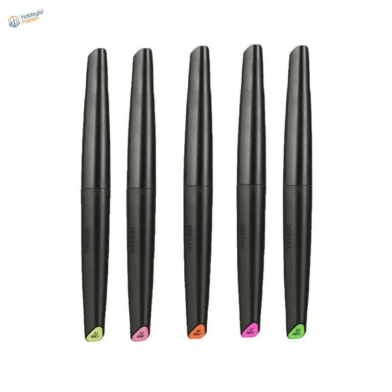 Five sleek black water-based fluorescent pens with colorful tips