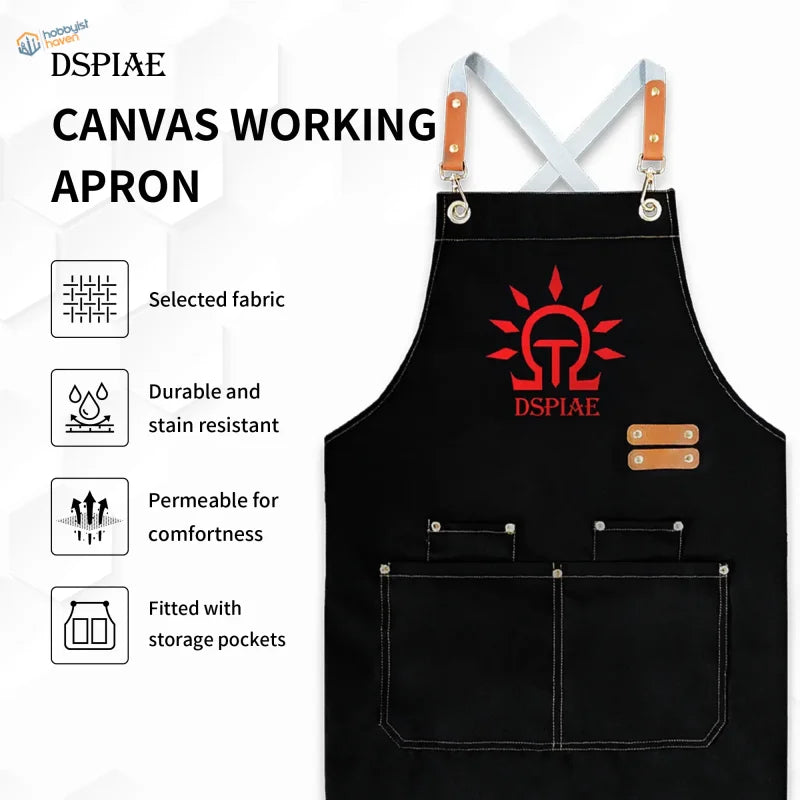 Water-resistant black canvas apron with red logo, tan leather accents for scale modeling tools
