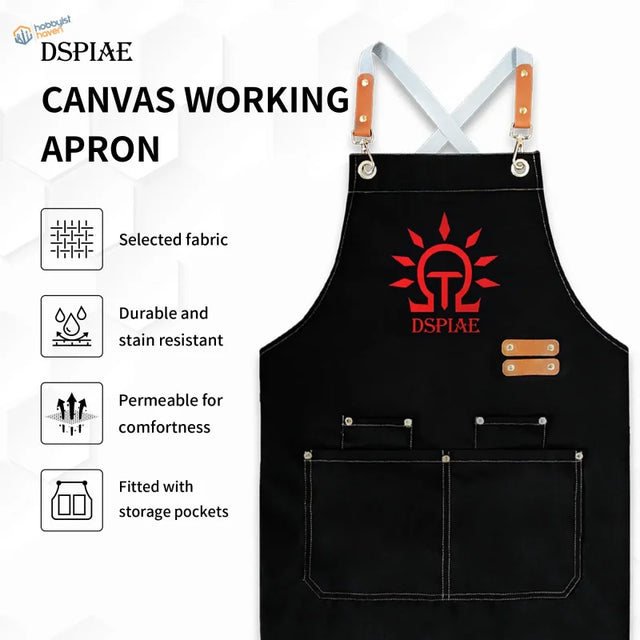 Water-resistant black canvas apron with red logo, tan leather accents for scale modeling tools