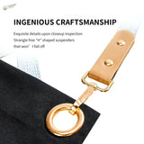 Gold D-ring clasp on canvas apron strap for scale modeling tools