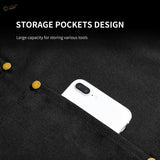 Canvas apron with black denim jacket, gold buttons, phone pocket, scale modeling tools