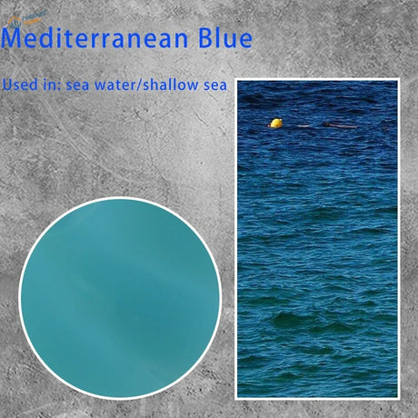 Water simulating paste with vibrant Mediterranean blue teal watercolor swatch and ocean waters