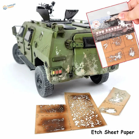 Olive green armored vehicle stencil with weathering effects for scale modeling tools