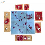 Blue tiled weathering effects stencil with red white handprint footprint for scale modeling tools
