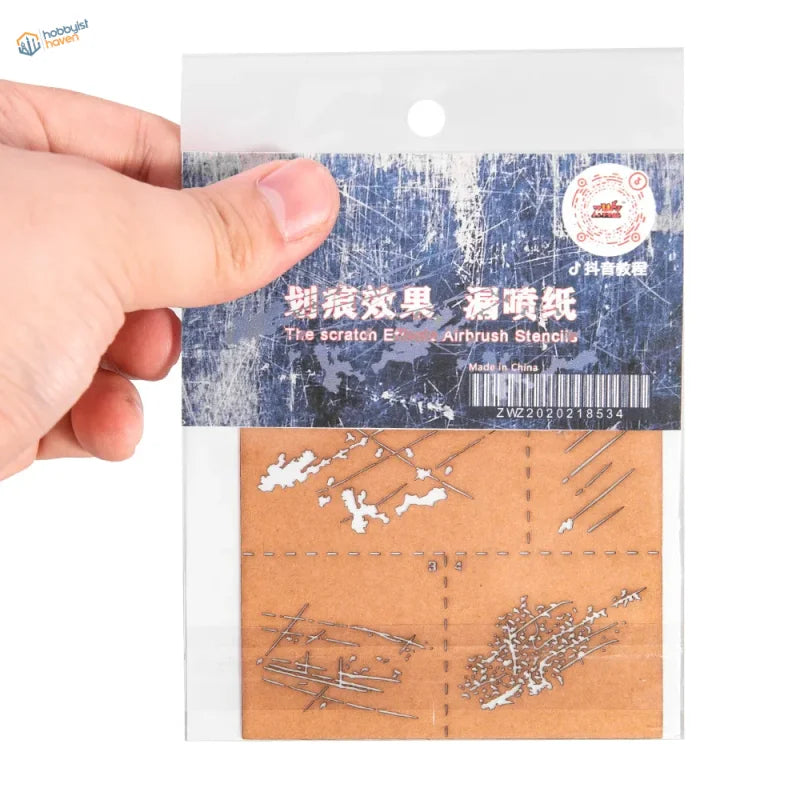 Scratch effect airbrush stencil for weathering effects in scale modeling tools