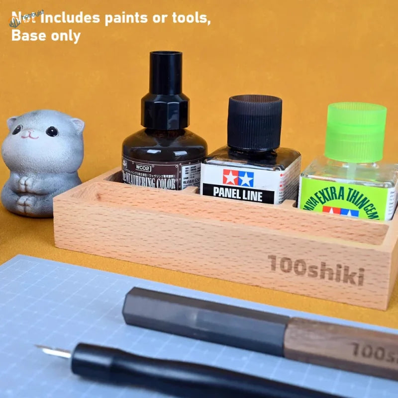 Light brown wood base organizer with 100shiki label for panel liner scale modeling tools