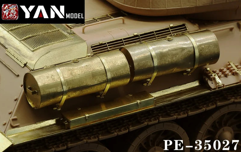 Photoetch fuel tanks detail: gold exhaust pipe on Yan Model PE35027 T-34/85 kit
