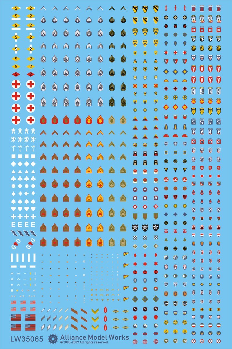 1/35 Décalques d'insignes de l'armée américaine de la Seconde Guerre mondiale