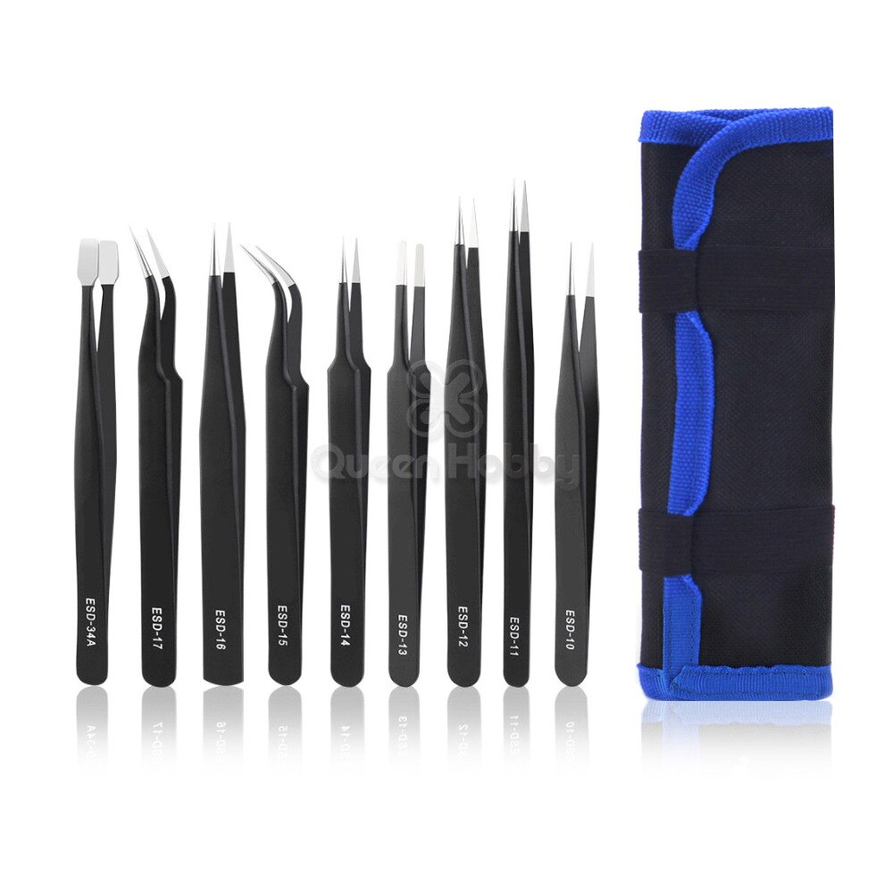 Set de 9 pcs Pinzas de Precisión Antiestáticas de Acero Inoxidable
